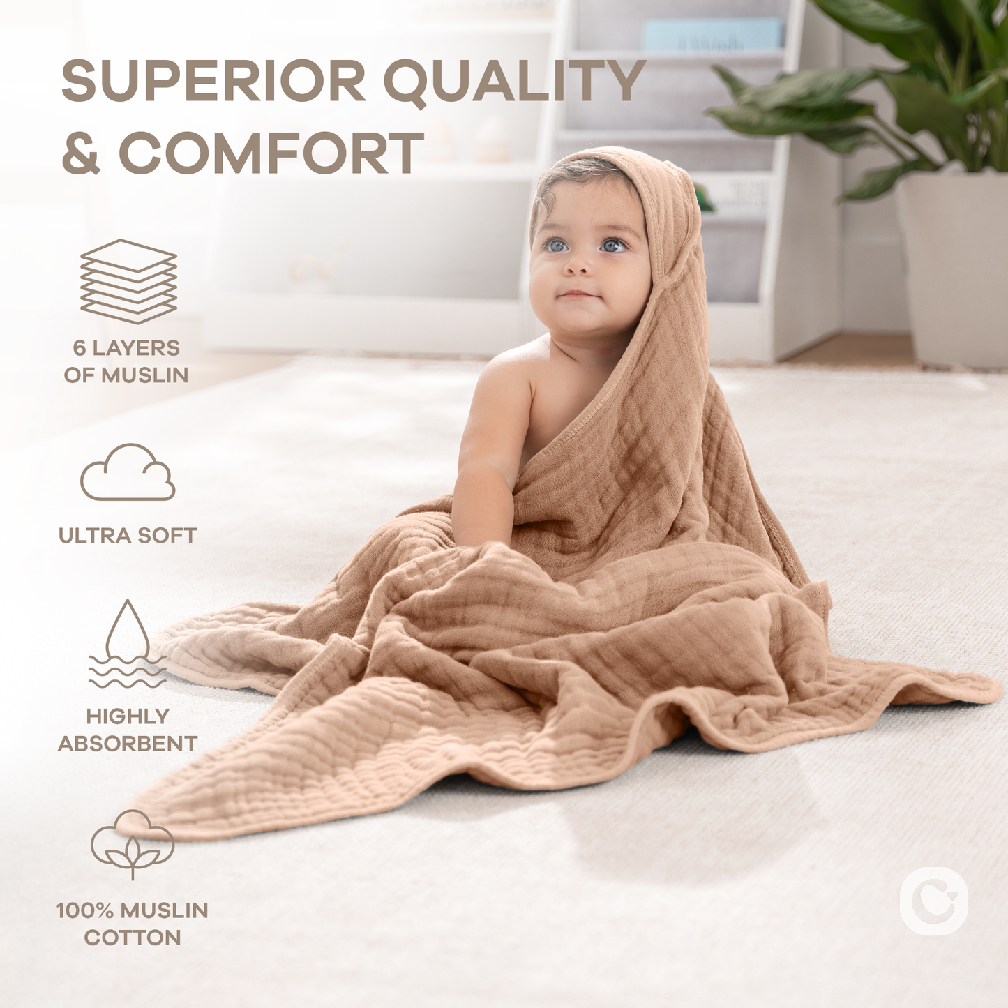Comfy Cubs Hooded Baby Towel, 100% Muslin Cotton